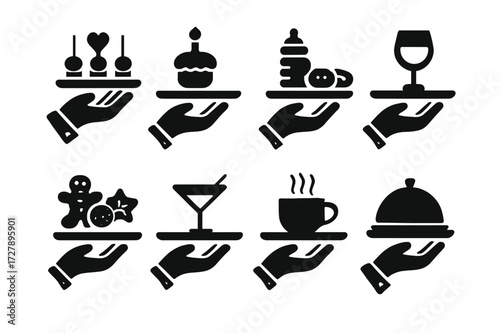 Event Trays Icon Set. Solid, filled icon set of event-specific serving trays: wedding hors d?oeuvre tray, birthday dessert tray, baby shower snack tray, gala
