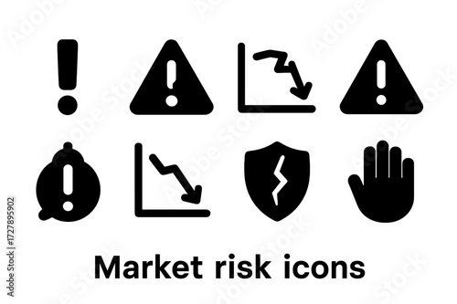 Market Risk Icons. Solid, filled icon set of market risk: exclamation point, danger sign, broken chart, warning triangle, alert badge, falling line graph,