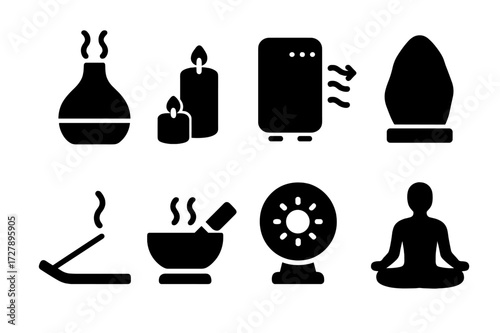 Unscented Therapy Symbols. Solid, filled icon set of unscented aromatherapy alternatives: diffuser without oils, plain candles, air purifier, salt lamp,