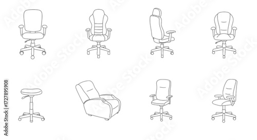 Diverse collection of ergonomic chairs showcasing modern office seating, gaming chairs, and comfortable recliners for ultimate comfort and productivity