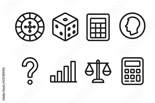 Probability Game Icons. Outline icon set of probability game: roulette, dice, lottery ticket, coin flip, question mark, bar chart, scale, calculator. Line
