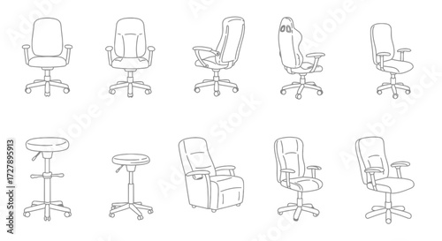 Collection of diverse office chairs and stools showcasing modern ergonomic designs and classic styles for any workspace needs