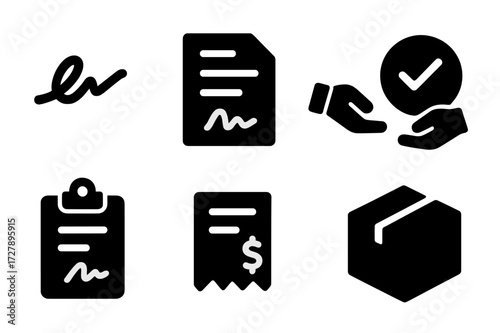 Asset Transfer Icons. Solid, filled icon set of asset transfer: signature, document, handover, approval, contract, receipt, verification, delivery. [Solid,