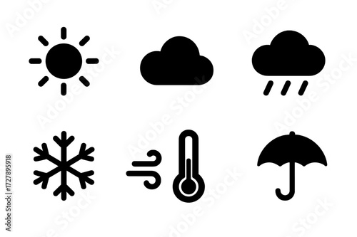 Weather Icons Set. Solid, filled icon set of weather forecast: sun, cloud, rain, thunderstorm, snowflake, wind, thermometer, umbrella. [Solid, filled icons in