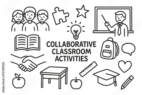 Classroom Doodle Icons. Hand-drawn doodle illustration Collaborative classroom activities [group of students, book, puzzle piece, chalkboard, teacher, star,