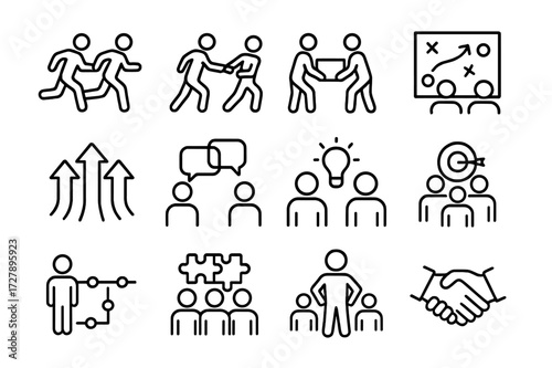 Active Teamwork Icons. Active teamwork. Line icon set of active teamwork: running teammates, passing baton, lifting together, shared strategy map, moving