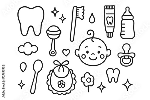 Baby Oral Care Doodles. Hand-drawn doodle illustration Baby oral hygiene [tooth, toothbrush, toothpaste tube, bottle, baby face, pacifier, rattle, bib, spoon,