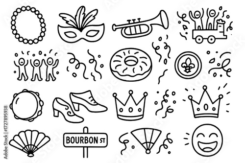 Mardi Gras Doodle Icons. Hand-drawn doodle illustration Mardi Gras parade beads, feather mask, jazz trumpet, float, revelers, streamers, king cake, doubloon