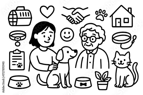 Youth Assisting Seniors. Hand-drawn doodle illustration [youth helping seniors adopt pets] [young person, elderly person, dog, cat, heart, handshake, home, pet