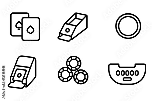 Casino Dealer Tools. Outline icon set of casino dealer tools: playing cards, card shoe, chip tray, dealer button, card shuffler, poker chips, betting area,
