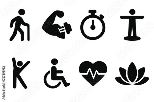 Recovery Goals Icons. Solid, filled icon set of recovery goals: mobility, strength, endurance, balance, flexibility, independence, health, wellness. Solid,