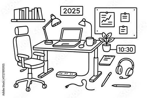 Future Home Office. Hand-drawn doodle illustration [home office interior ] [ergonomic chair, standing desk, laptop, task lamp, bookshelf, pin board, headset,