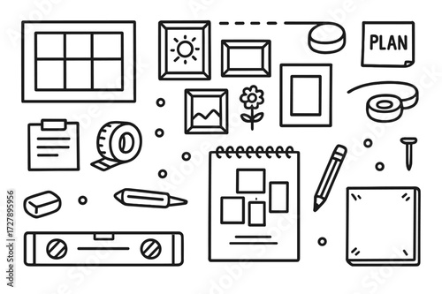 Art Gallery Doodle Layout. Hand-drawn doodle illustration [Art gallery wall layout planning] [layout grid, framed artwork, canvas, measuring tape, notes,
