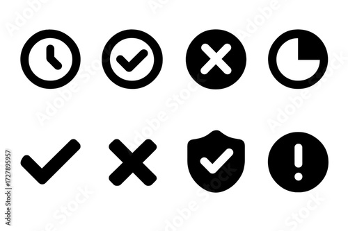Approval Status Icons. Solid, filled icon set of approval statuses: pending, approved, rejected, in progress, completed, cancelled, verified, failed. [Line