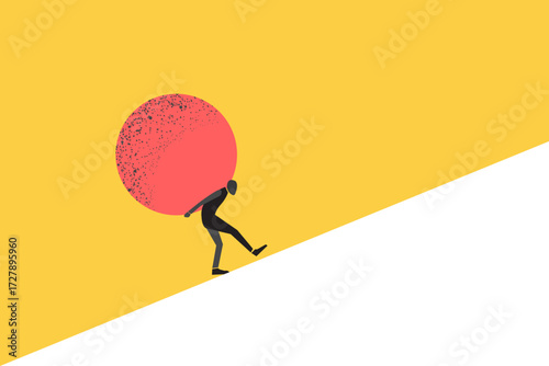 Businessman carrying a huge rock on his back, symbolizing stress, burden, or work pressure