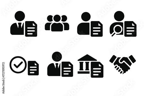 Report Recipients Icons. Solid, filled icon set of report recipients: manager, team, client, auditor, stakeholder, CEO, department, external partner. [Line