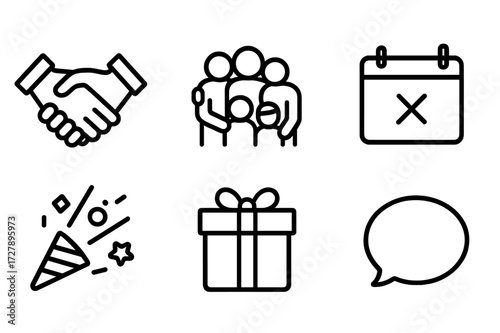 Reunion Icons Outline. Outline icon set of reunion events: handshake, group hug, family photo, calendar, party hat, gift box, confetti, speech bubble. Line