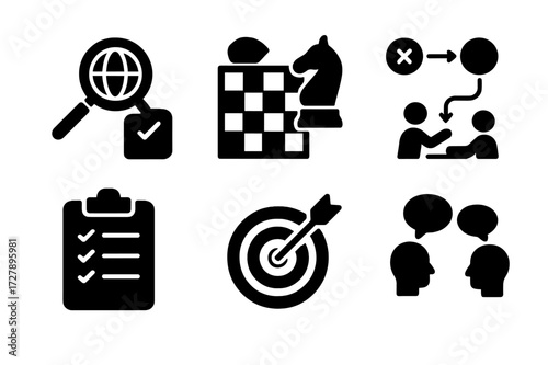 Negotiation Icons Grid. Solid, filled icon set of negotiation preparation: research, strategy, planning, checklist, briefing, risk assessment, objective