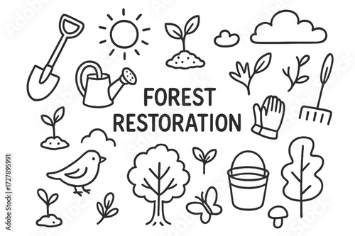 Forest Restoration Icons. Hand-drawn doodle illustration Forest restoration Tree sapling, shovel, watering can, soil, gloves, bucket, rake, sun, cloud, sprout,