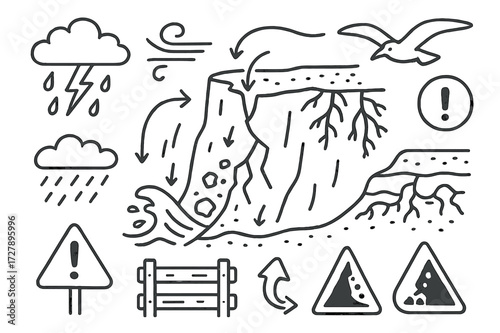 Cliff Erosion Doodle. Hand-drawn doodle illustration Cliff erosion [cracked rock, falling debris, wave crash, rain cloud, wind lines, soil layer, landslide,