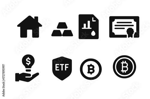 Investment Icons Grid. Solid, filled icon set of investment types: real estate house, gold bar, mutual fund, stock certificate, savings bond, startup funding,