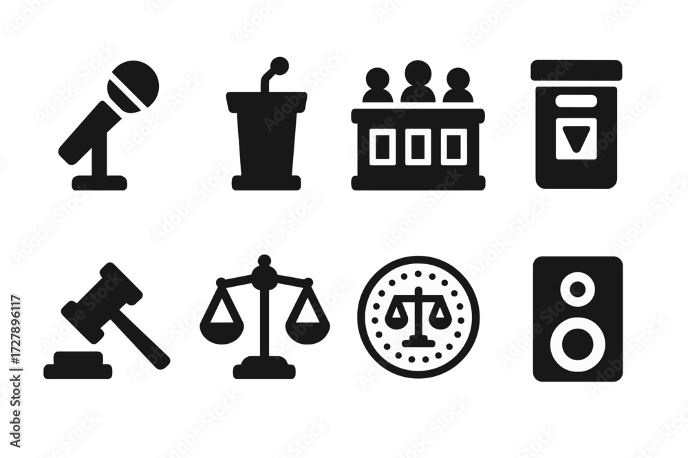 Fototapeta premium Courtroom Equipment Icons. Solid, filled icon set of court equipment: microphone, podium, bench, evidence box, gavel stand, legal scales, court seal, sound
