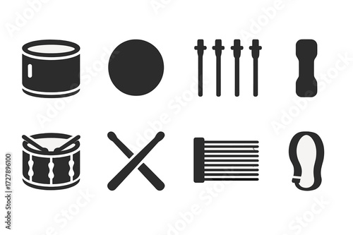 War Drum Icon Set. Solid, filled icon set of war drum construction: drum shell, drumhead, tension rods, lugs, hoops, snare wires, drumsticks, carrying strap.