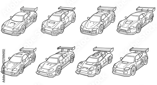 Dynamic collection of sleek, modern sports cars featuring bold aerodynamic designs and powerful spoilers, perfect for automotive enthusiasts and racing graphics