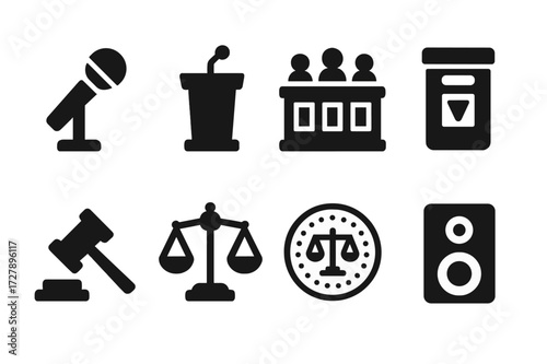 Courtroom Equipment Icons. Solid, filled icon set of court equipment: microphone, podium, bench, evidence box, gavel stand, legal scales, court seal, sound