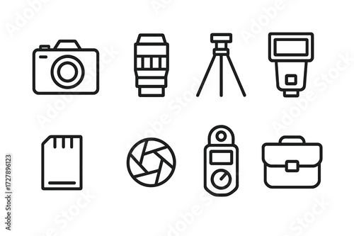 Photography Tools Icons. Outline icon set of photography tools: camera, lens, tripod, flash, memory card, shutter button, light meter, camera bag. Line icons