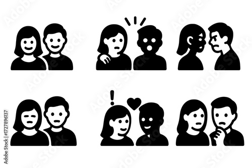 Couple Expression Icons. Solid, filled icon set of couple expressions: smiling couple, laughing couple, arguing couple, comforting, surprised, loving gaze,