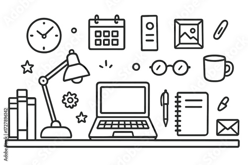 Office Bookshelf Doodles. Hand-drawn doodle illustration Bookshelf office style [books, laptop, notebook, pen, glasses, clock, lamp, calendar, file folder,
