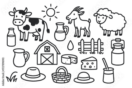 Dairy Farm Sketch. Hand-drawn doodle illustration Dairy farm cow, goat, sheep, milk jug, bucket, cheese wheel, cheese wedge, barn, fence, grass, sun, droplet,