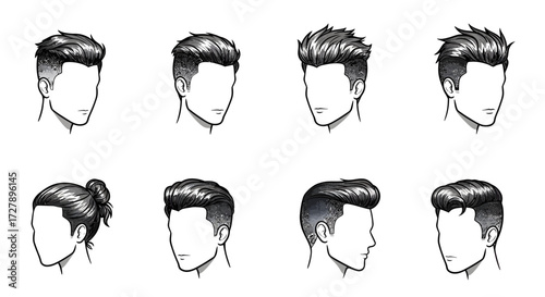 Dynamic collection showcases diverse modern men's hairstyles including fades, slicked back, and textured looks for stylish individuals seeking inspiration and trends.