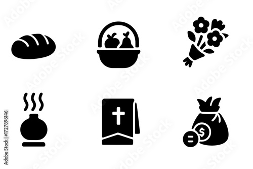 Blessing Gift Icons. Solid, filled icon set of blessing gifts and offerings: bread loaf, fruit basket, flower bouquet, wine glass, incense holder, sacred