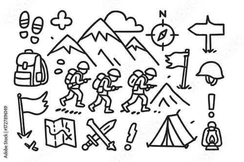Wallpaper Mural Soldiers' Retreat Doodle. Hand-drawn doodle illustration Soldiers retreating in mountains mountain, soldier figures, backpack, boot prints, cloud, star, Torontodigital.ca