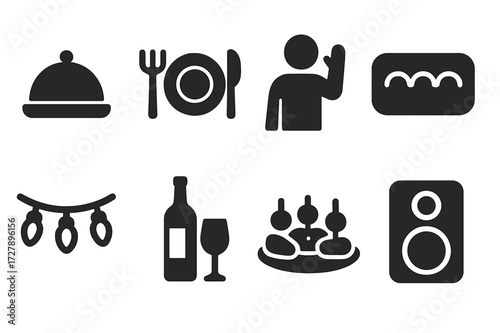 Hosting Icon Set. Solid, filled icon set of hosting at home: serving tray, dining setup, greeting pose, welcome mat, decorative lights, wine bottle, appetizer