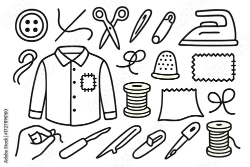 Clothing Repair Doodles. Hand-drawn doodle illustration Repairing clothes shirt, button, needle, thread, scissors, thimble, patch, iron, knot, spool, fabric,