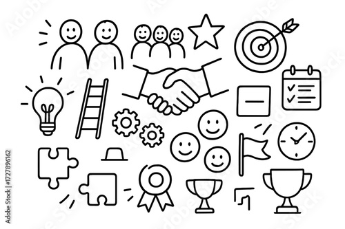 Teamwork Icon Doodles. Hand-drawn doodle illustration teamwork and shared goals handshake, group of people, target, star, calendar, checklist, light bulb,