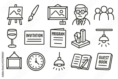 Art Exhibition Elements. Hand-drawn doodle illustration art exhibition canvas, artist brush, gallery wall, name tag, art critic, crowd figure, wine glass,