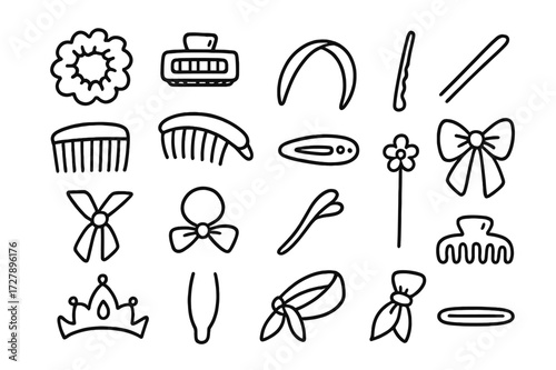Hair Accessories Doodle. Hand-drawn doodle illustration Hair accessories [scrunchie, hair clip, headband, bobby pin, hair comb, banana clip, barrette, bow,