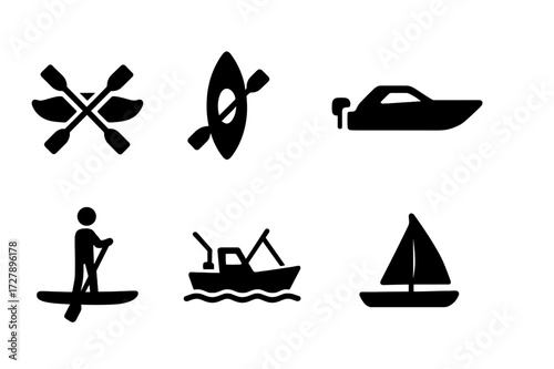 River Transport Icons. Solid, filled icon set of river transport: canoe, kayak, raft, motorboat, paddleboard, fishing boat, sailboat, ferry. [Line icons in
