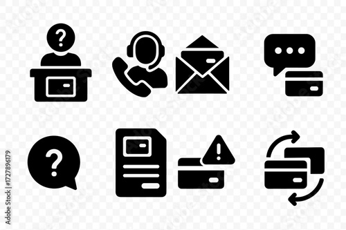Card Support Icons. Solid, filled icon set of card customer support: help desk, phone support, email support, chat support, FAQ, complaint form, lost card,