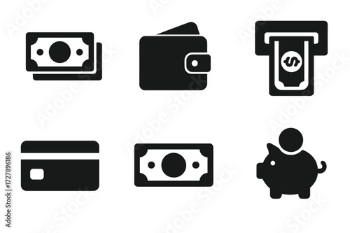 Money Icons Grid. Solid, filled icon set of money handling: cash stack, wallet, coins, ATM, credit card, banknote, piggy bank, hand receiving cash. [Solid,