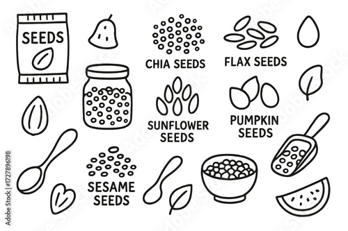 Seed Snack Icons. Hand-drawn doodle illustration seed snacks chia seeds, flax seeds, sunflower seeds, pumpkin seeds, sesame seeds, spoon, scoop, jar, bowl,
