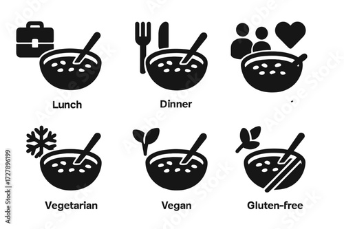 Bean Stew Icon Set. Solid, filled icon set of bean stew meal types: lunch, dinner, family meal, comfort food, winter meal, vegetarian, vegan, gluten-free.