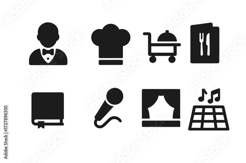 Banquet Service Icons. Solid, filled icon set of banquet services: waiter, chef hat, serving cart, menu card, guest book, microphone, stage, dance floor. Line
