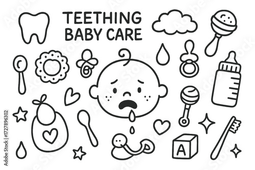 Teething Baby Essentials. Hand-drawn doodle illustration Teething baby care [tooth, teething ring, pacifier, bottle, rattle, baby face, droplet, bib, spoon,