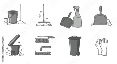 Organized Cleaning Tools Ready for a Sparkling Home Cleanup, Featuring Mop, Bucket, Brushes, Gloves, and Spray, Perfect for Spring Cleaning Projects