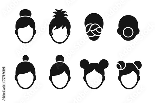 Bun Hairstyle Icons. Solid, filled icon set of bun hairstyles: classic bun, messy bun, braided bun, low bun, top knot, ballerina bun, double buns, twisted bun.